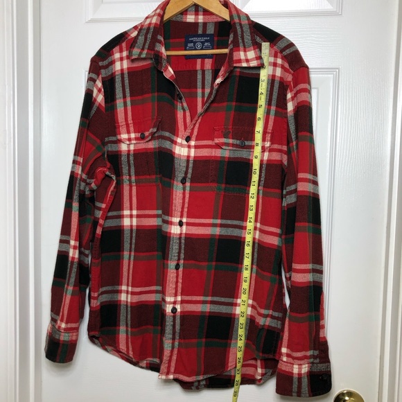 AEO Cotton Button Down Flannel Red Green Black Ivory Plaid Athletic Fit Shirt L - Picture 12 of 13